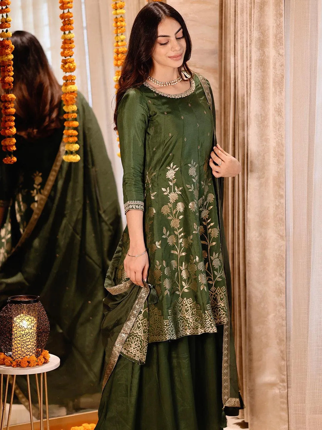 Green Brocade Silk Blend A-Line Suit Set - Libas 