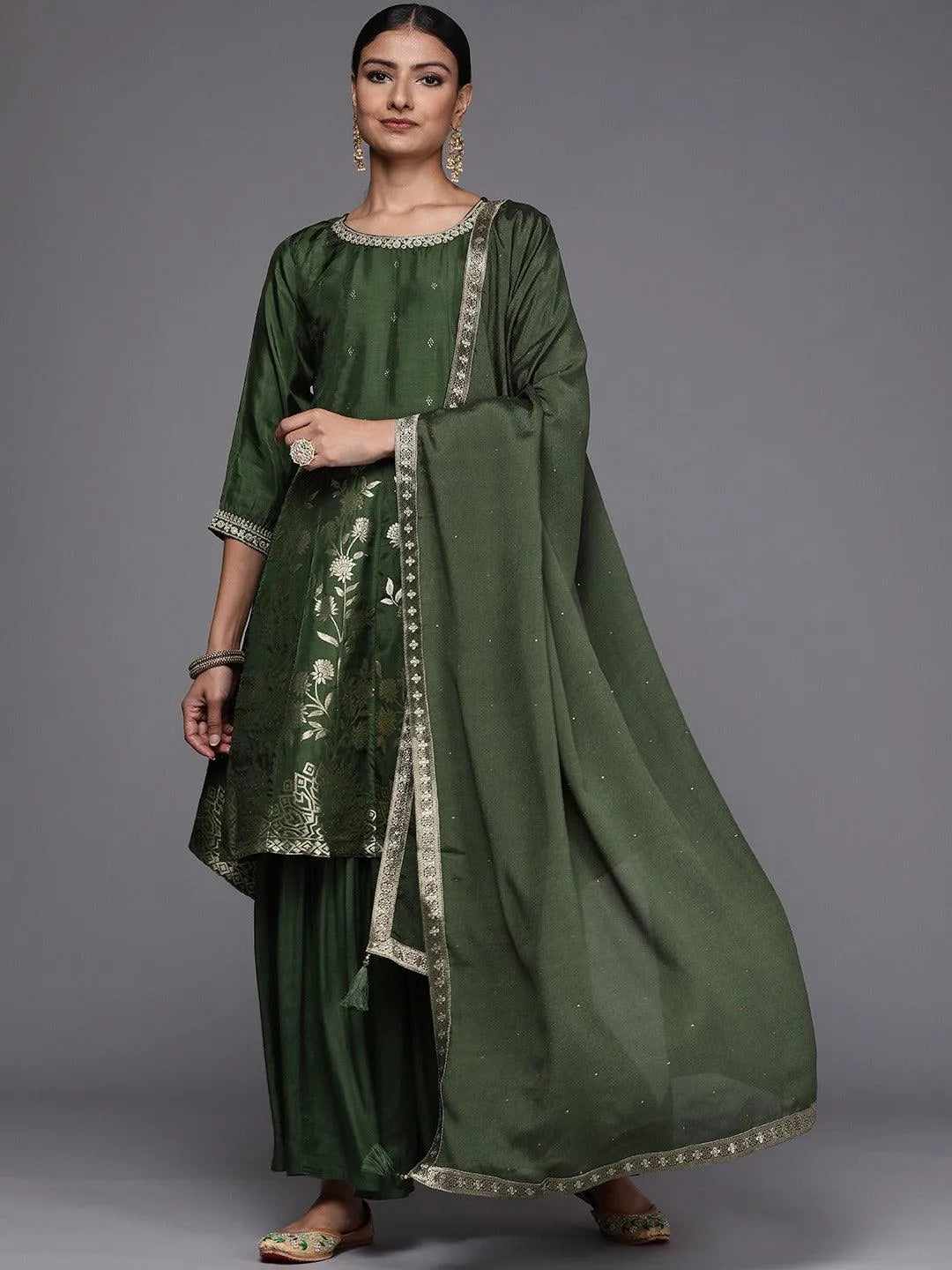 Green Brocade Silk Blend A-Line Suit Set - Libas 