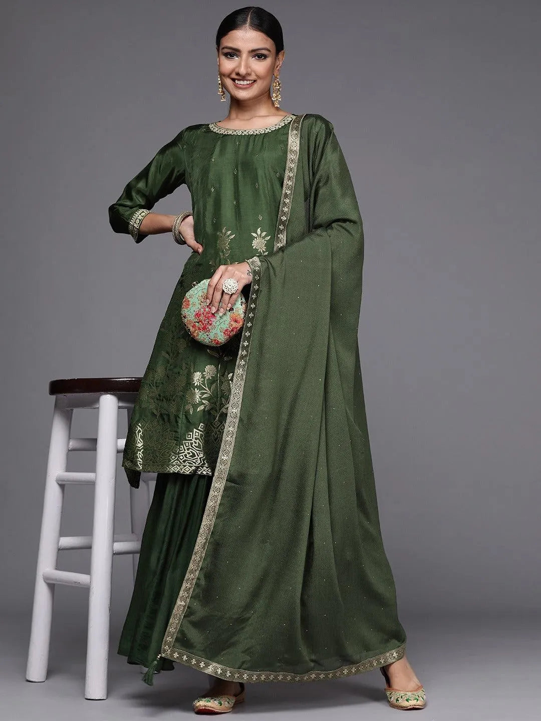 Green Brocade Silk Blend A-Line Suit Set - Libas 