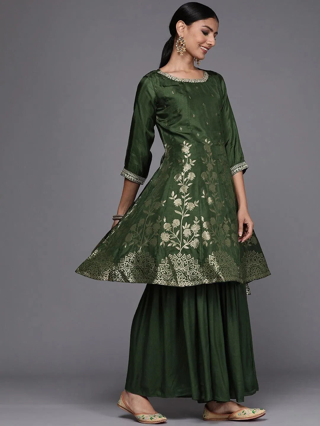 Green Brocade Silk Blend A-Line Suit Set - Libas 