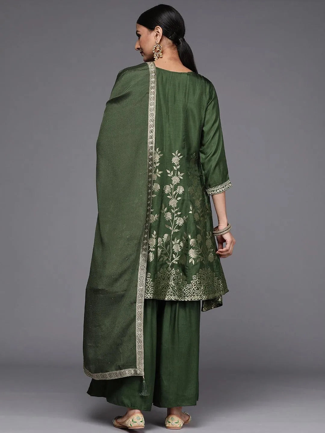 Green Brocade Silk Blend A-Line Suit Set - Libas 