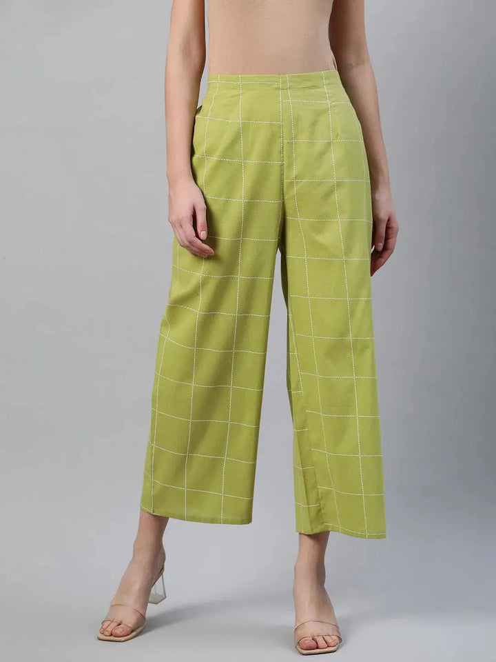 Green Checkered Cotton Palazzos - Libas