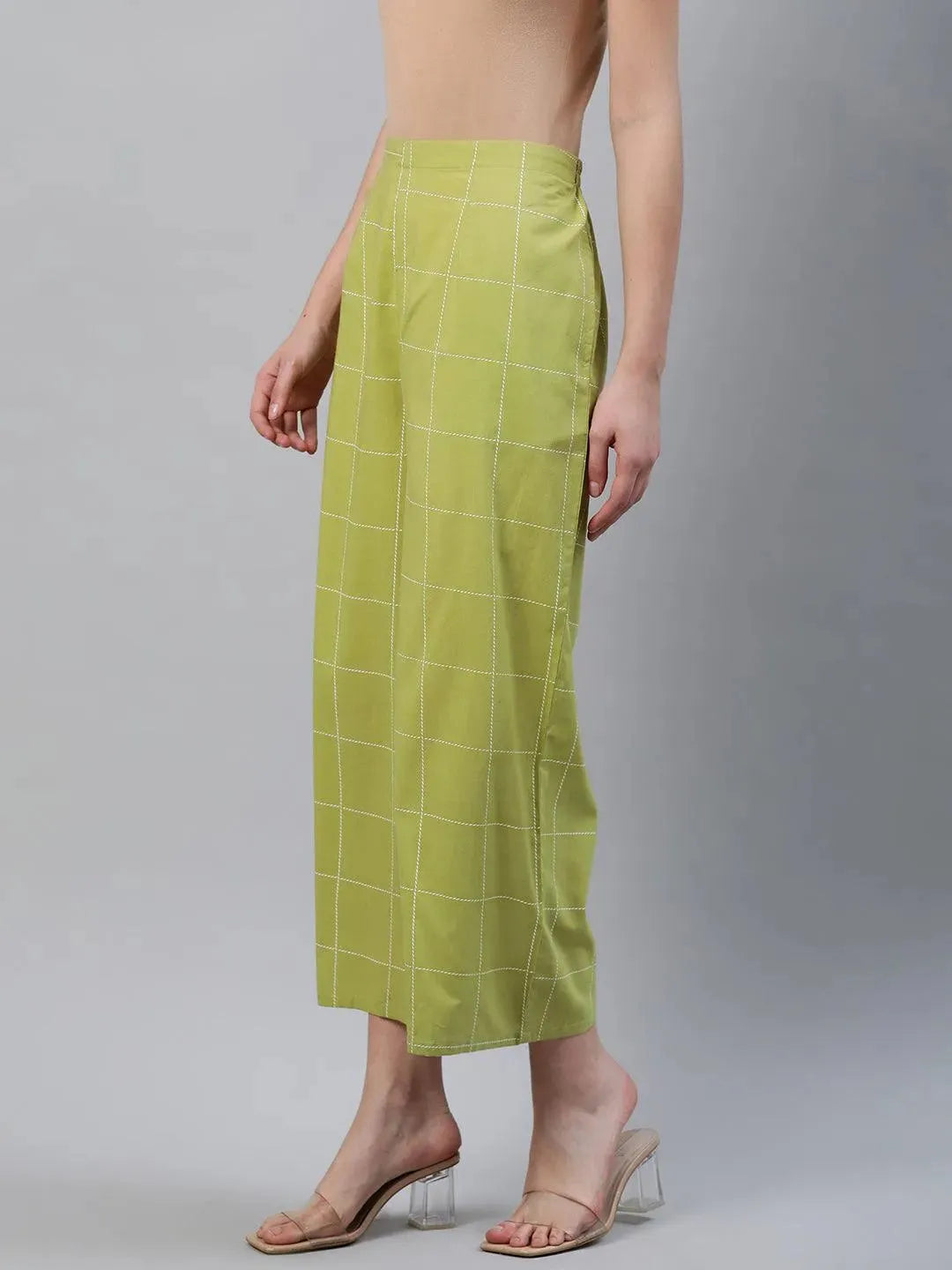 Green Checkered Cotton Palazzos - Libas