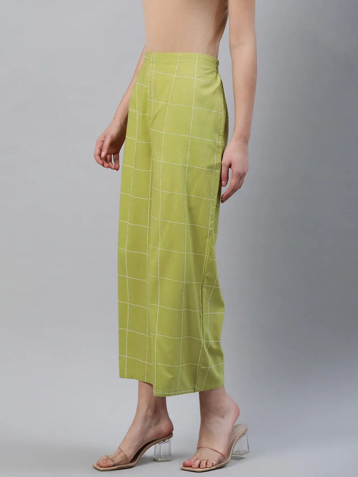 Green Checkered Cotton Palazzos - Libas