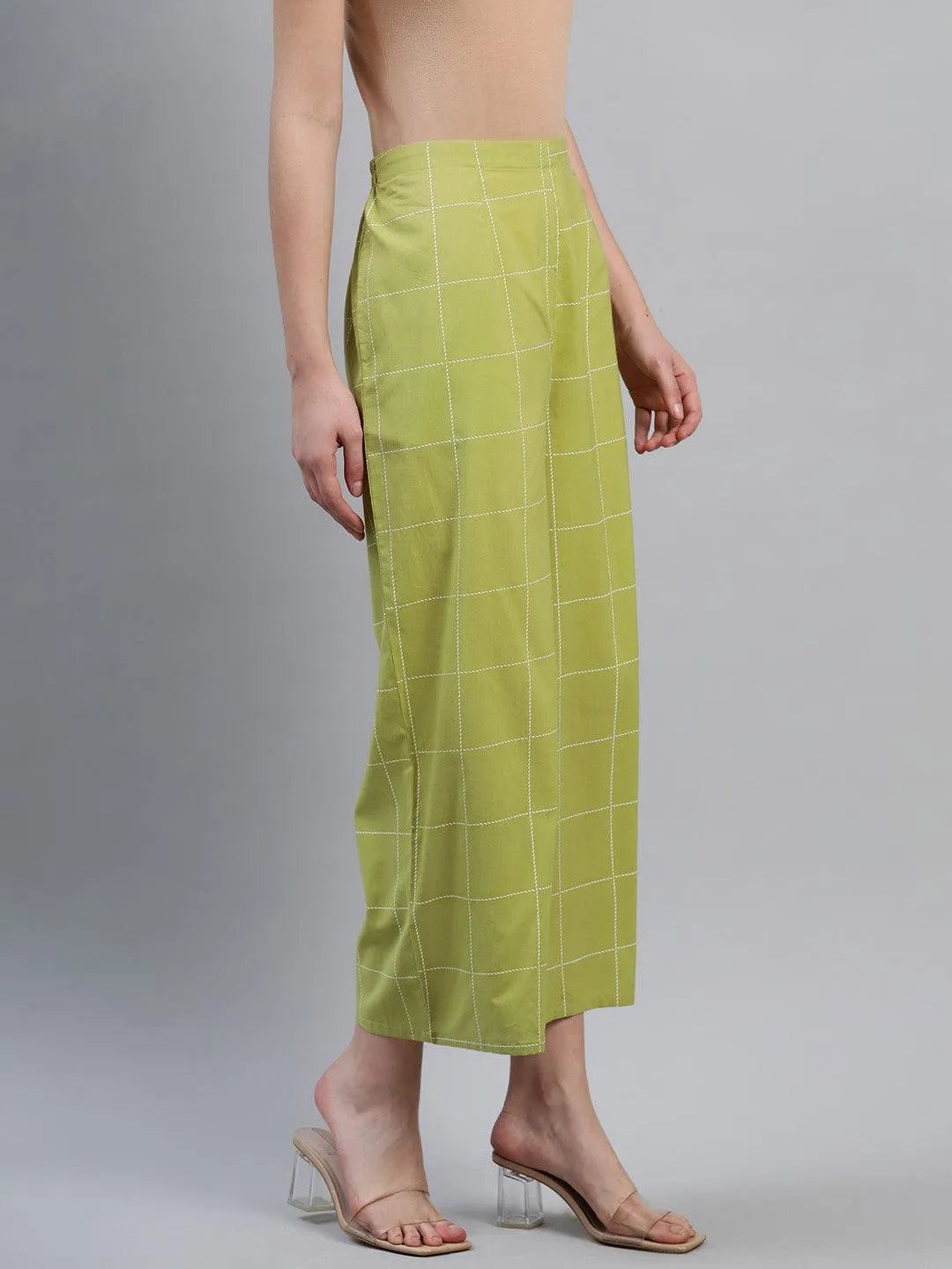 Green Checkered Cotton Palazzos - Libas