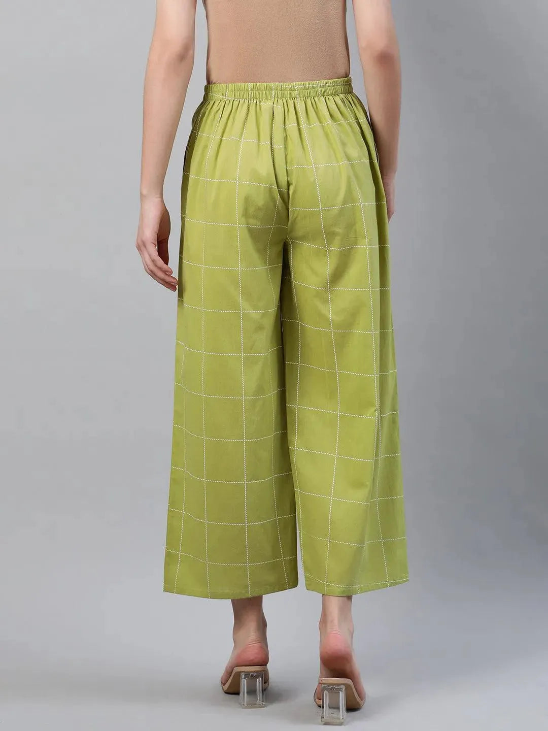 Green Checkered Cotton Palazzos - Libas 