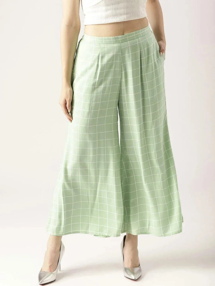 Green Checkered Rayon Palazzos - Libas