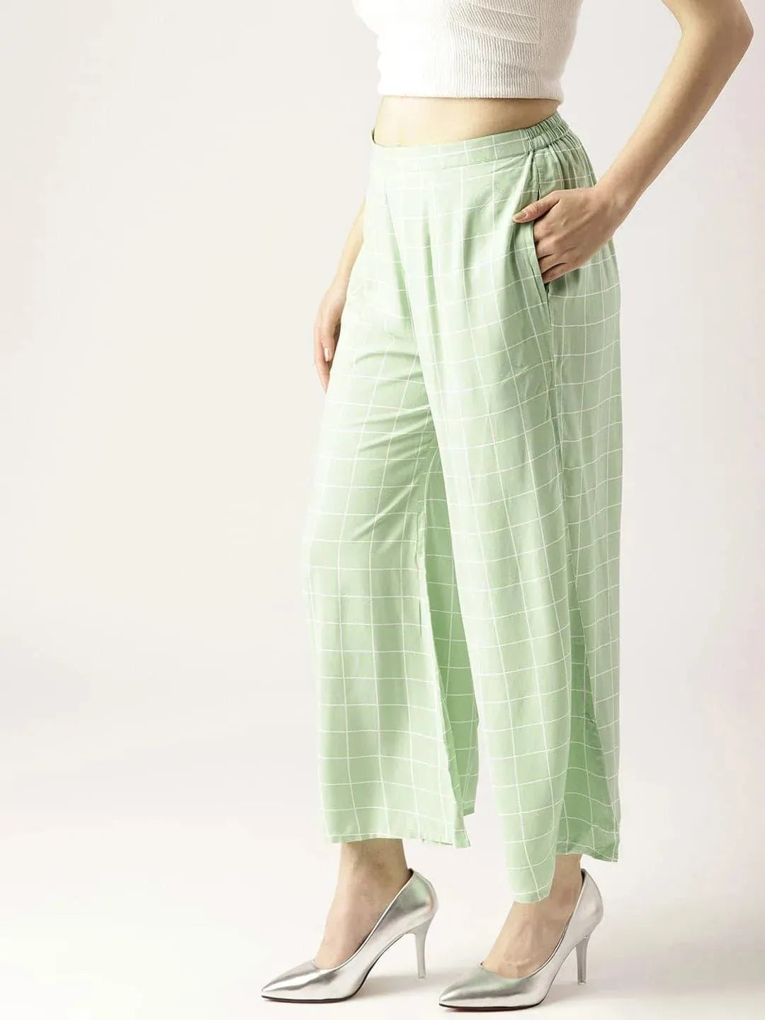 Green Checkered Rayon Palazzos - Libas 