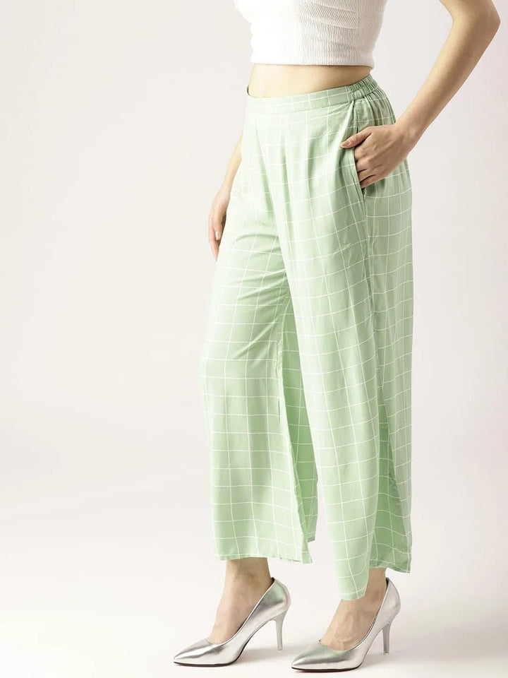 Green Checkered Rayon Palazzos - Libas