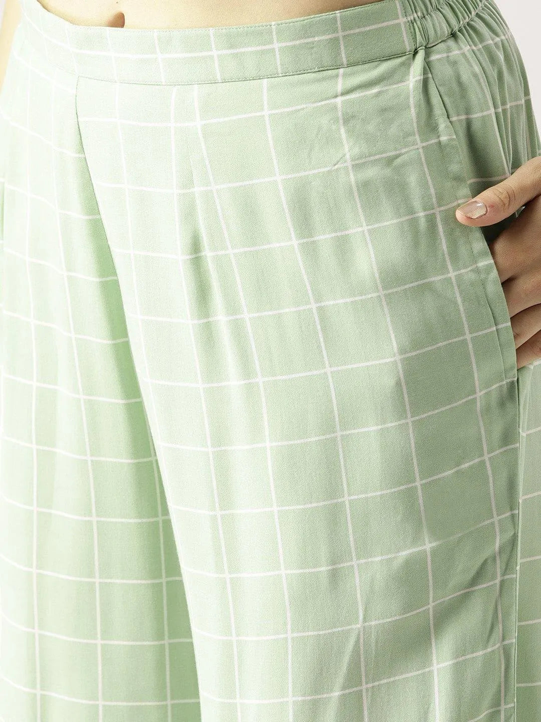 Green Checkered Rayon Palazzos - Libas 