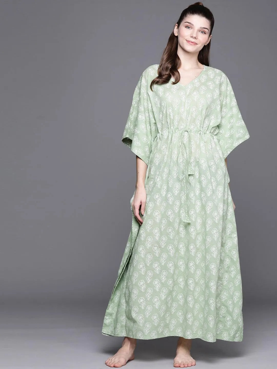 Green Cotton Printed Kaftan Nightdress - Libas 