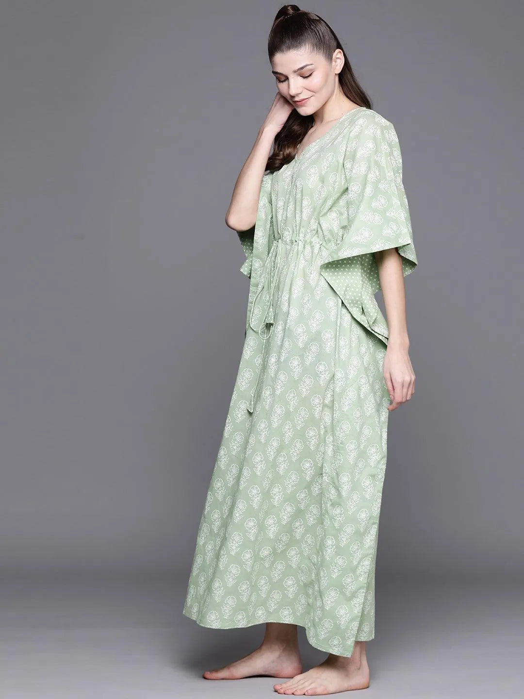 Green Cotton Printed Kaftan Nightdress - Libas 