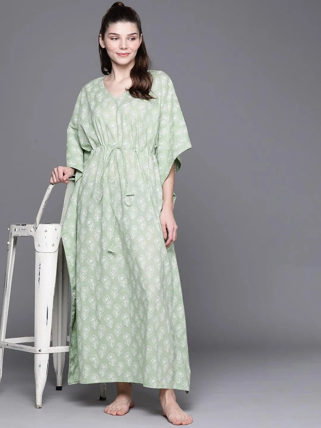 Green Cotton Printed Kaftan Nightdress - Libas 