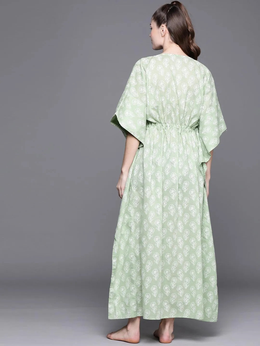 Green Cotton Printed Kaftan Nightdress - Libas 