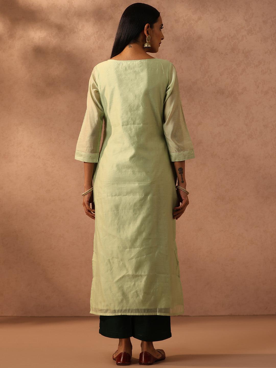 Green Embellished Chanderi Silk Straight Kurta - Libas