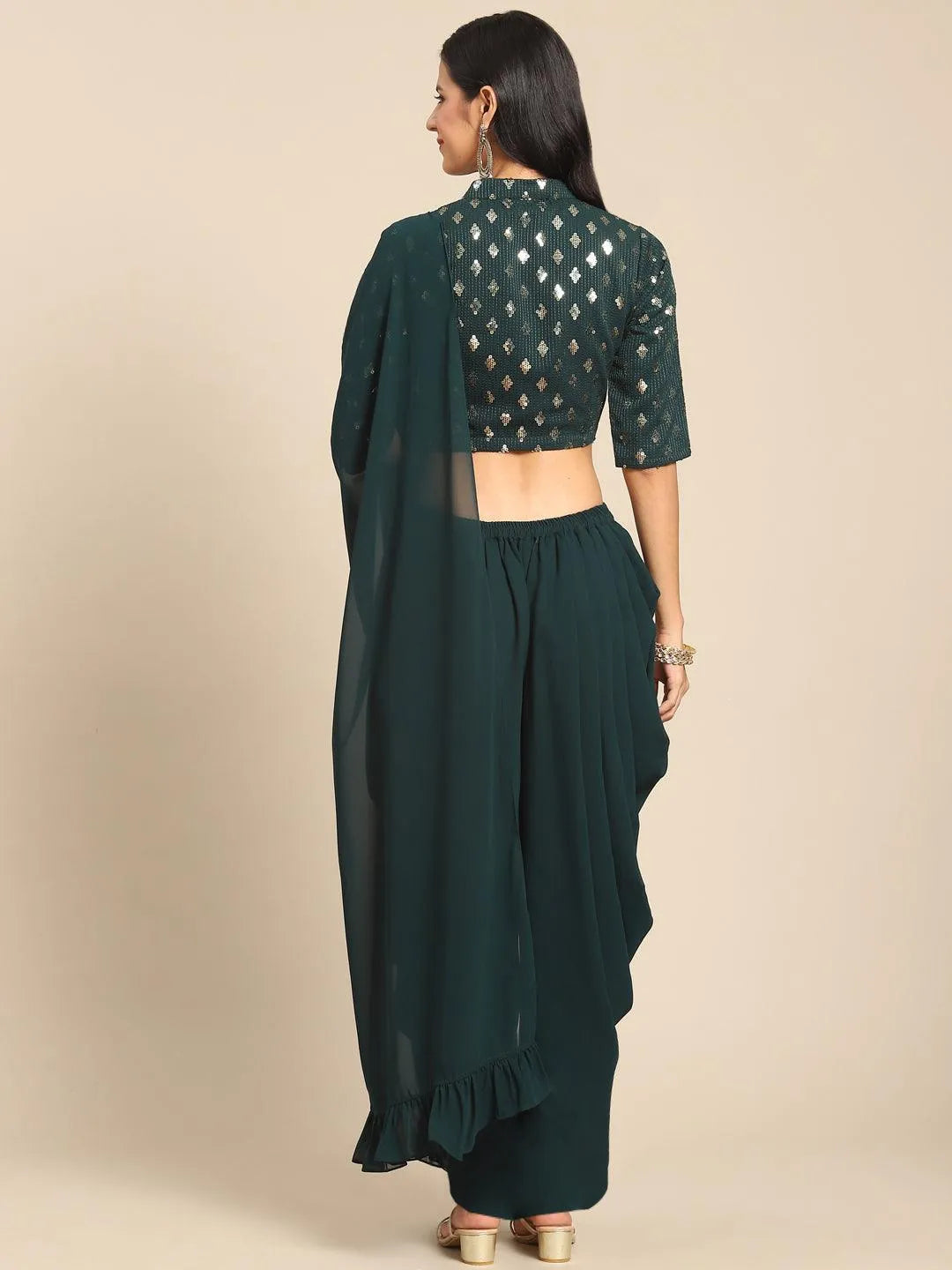 Green Embellished Georgette Dhoti Saree - Libas 