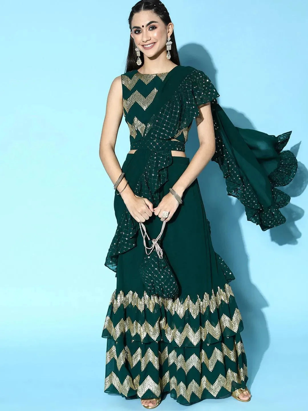 Green Embellished Georgette Saree - Libas