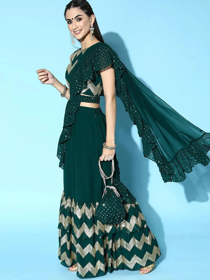 Green Embellished Georgette Saree - Libas