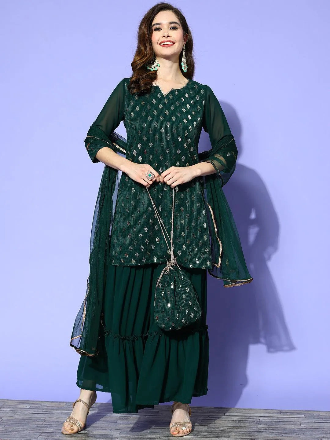 Green Embellished Georgette Straight Sharara Suit Set - Libas