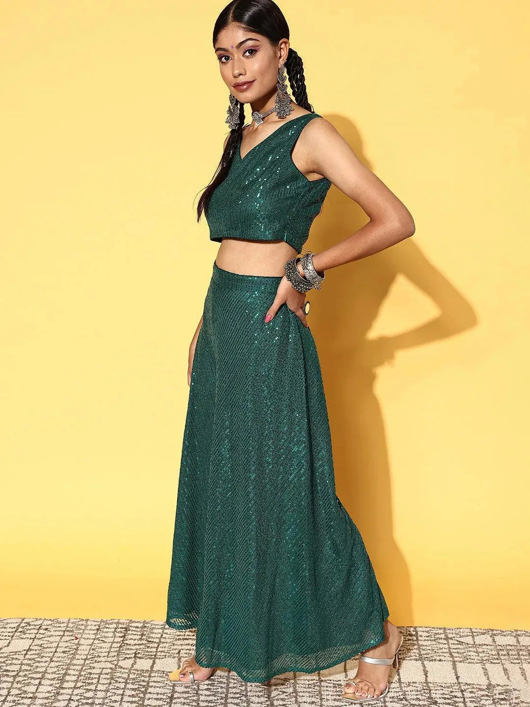 

Green Embellished Nylon Top With Palazzos & Dupatta