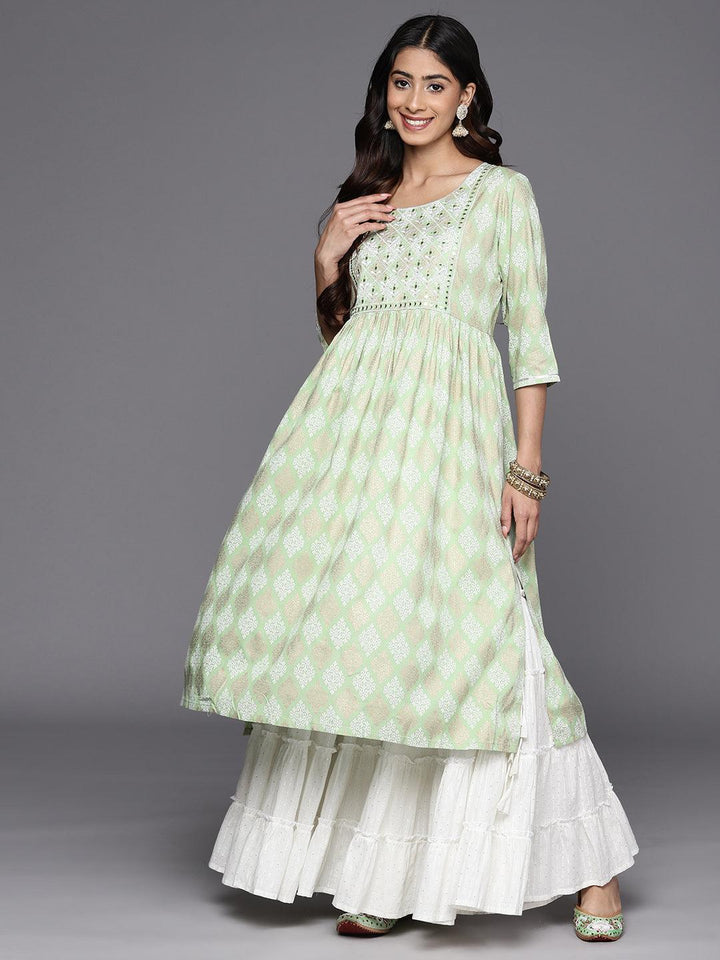 Green Embellished Rayon A-Line Kurta - Libas