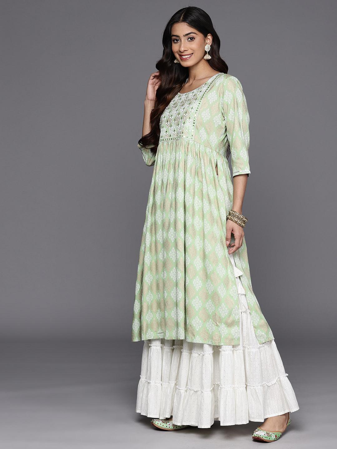 Green Embellished Rayon A-Line Kurta - Libas