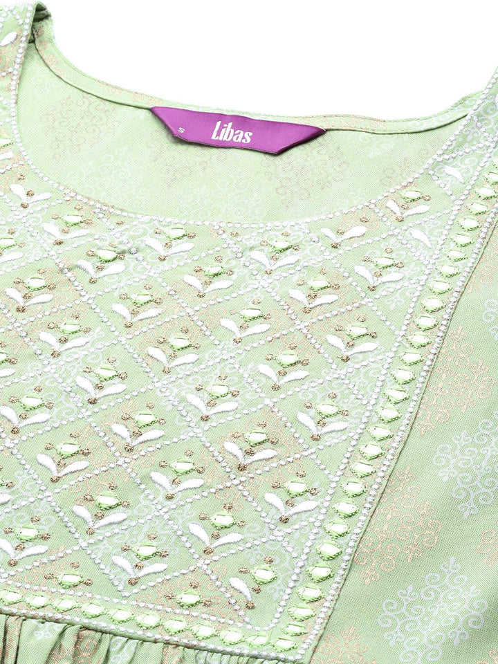 Green Embellished Rayon A-Line Kurta - Libas