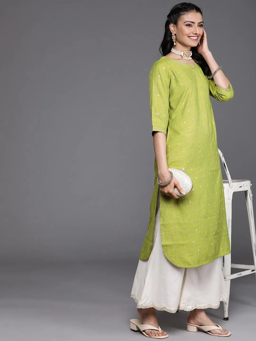 Green Embellished Rayon Kurta - Libas