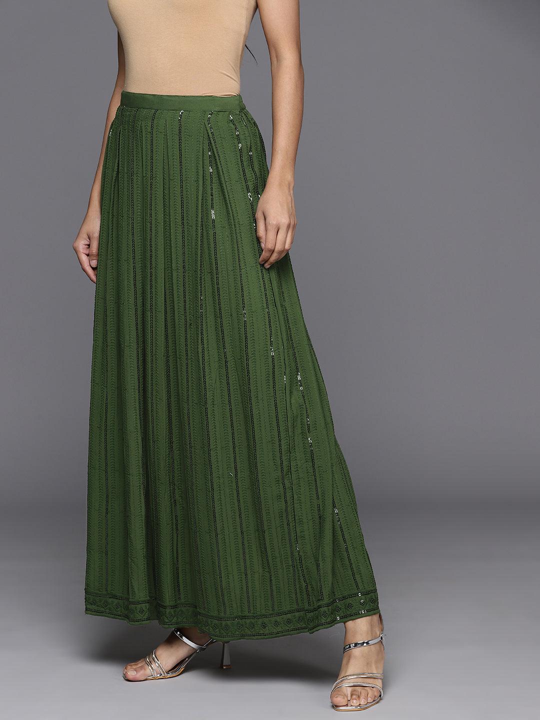 Green Embellished Rayon Skirts - Libas