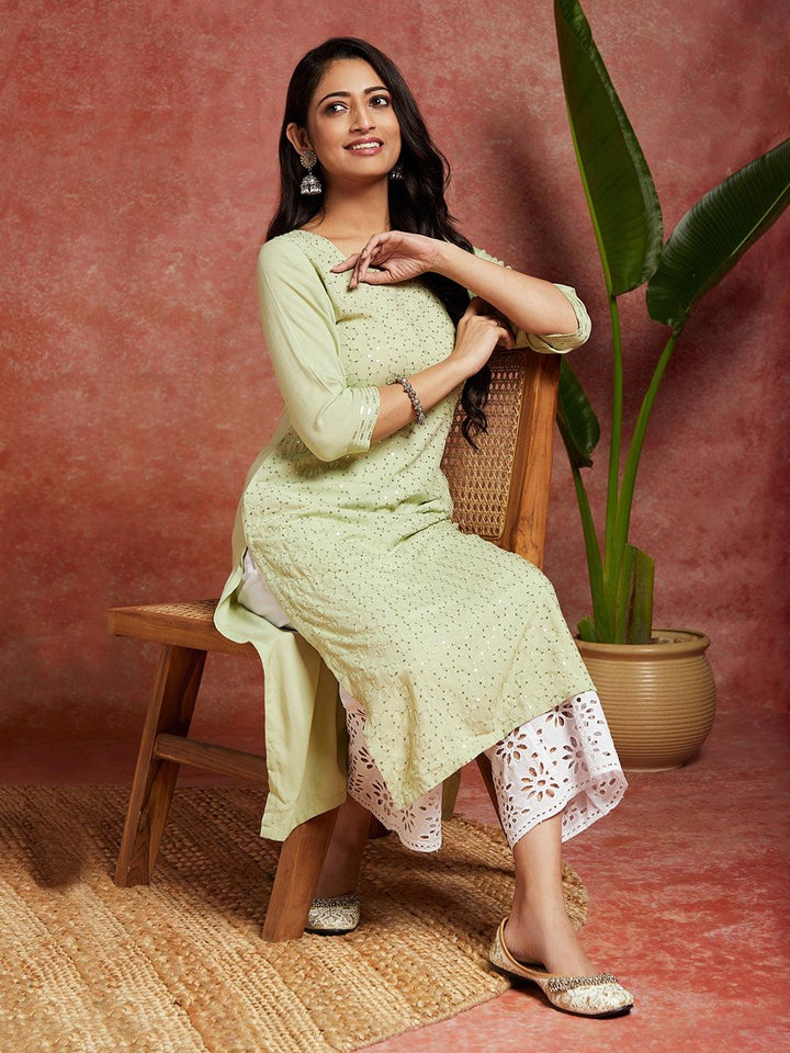 Green Embellished Rayon Straight Kurta - Libas