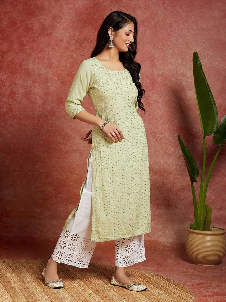 Green Embellished Rayon Straight Kurta - Libas