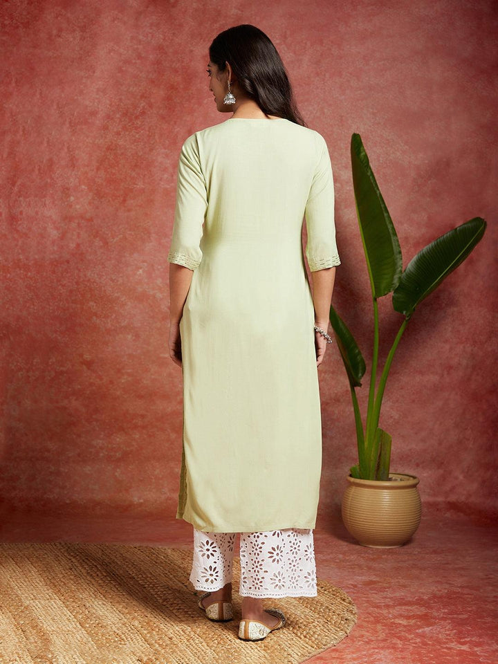 Green Embellished Rayon Straight Kurta - Libas