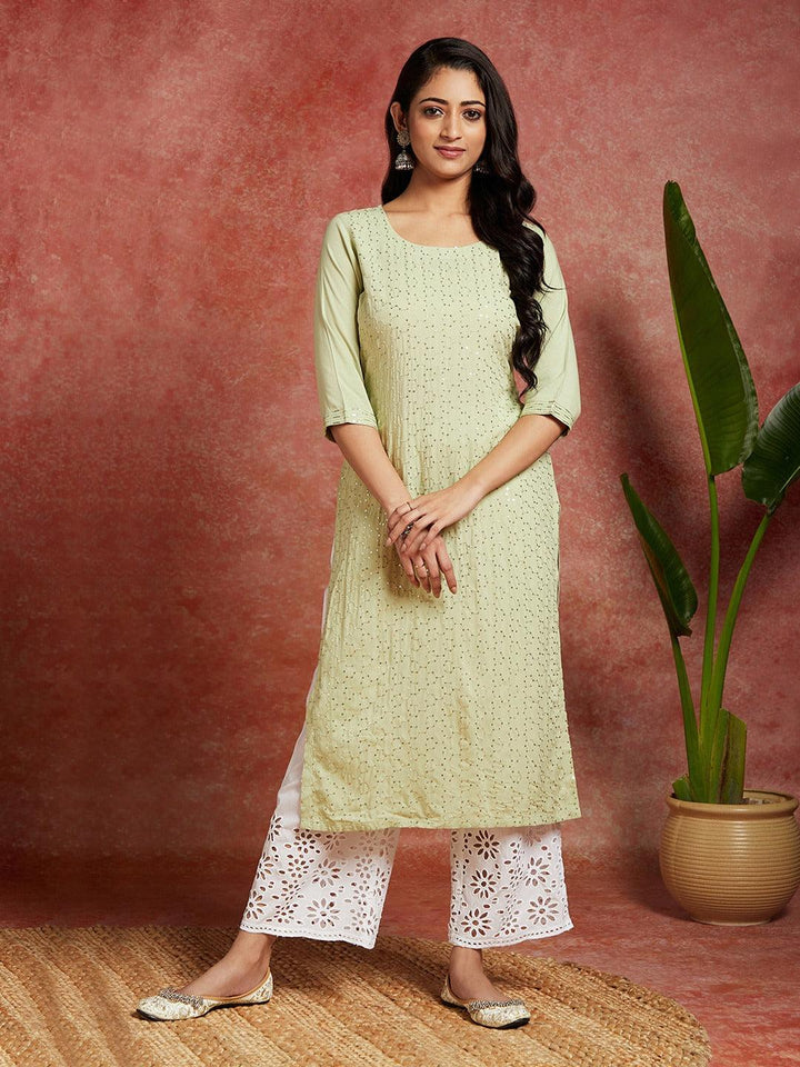 Green Embellished Rayon Straight Kurta - Libas