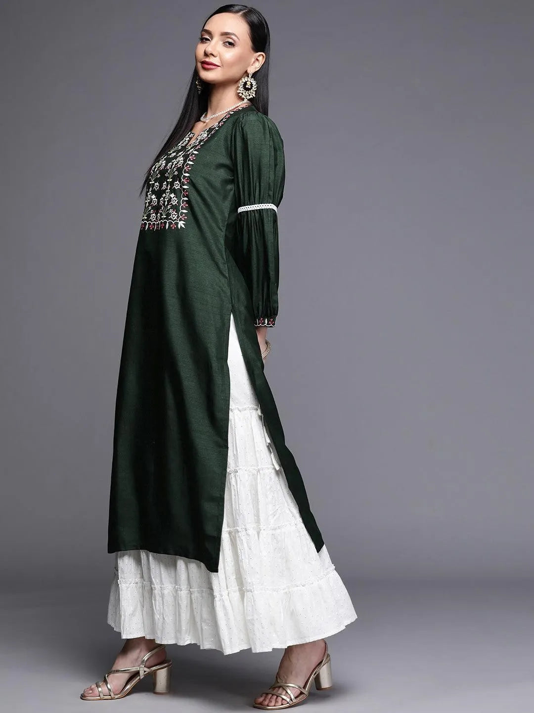 Green Embroidered Chanderi Silk Kurta - Libas