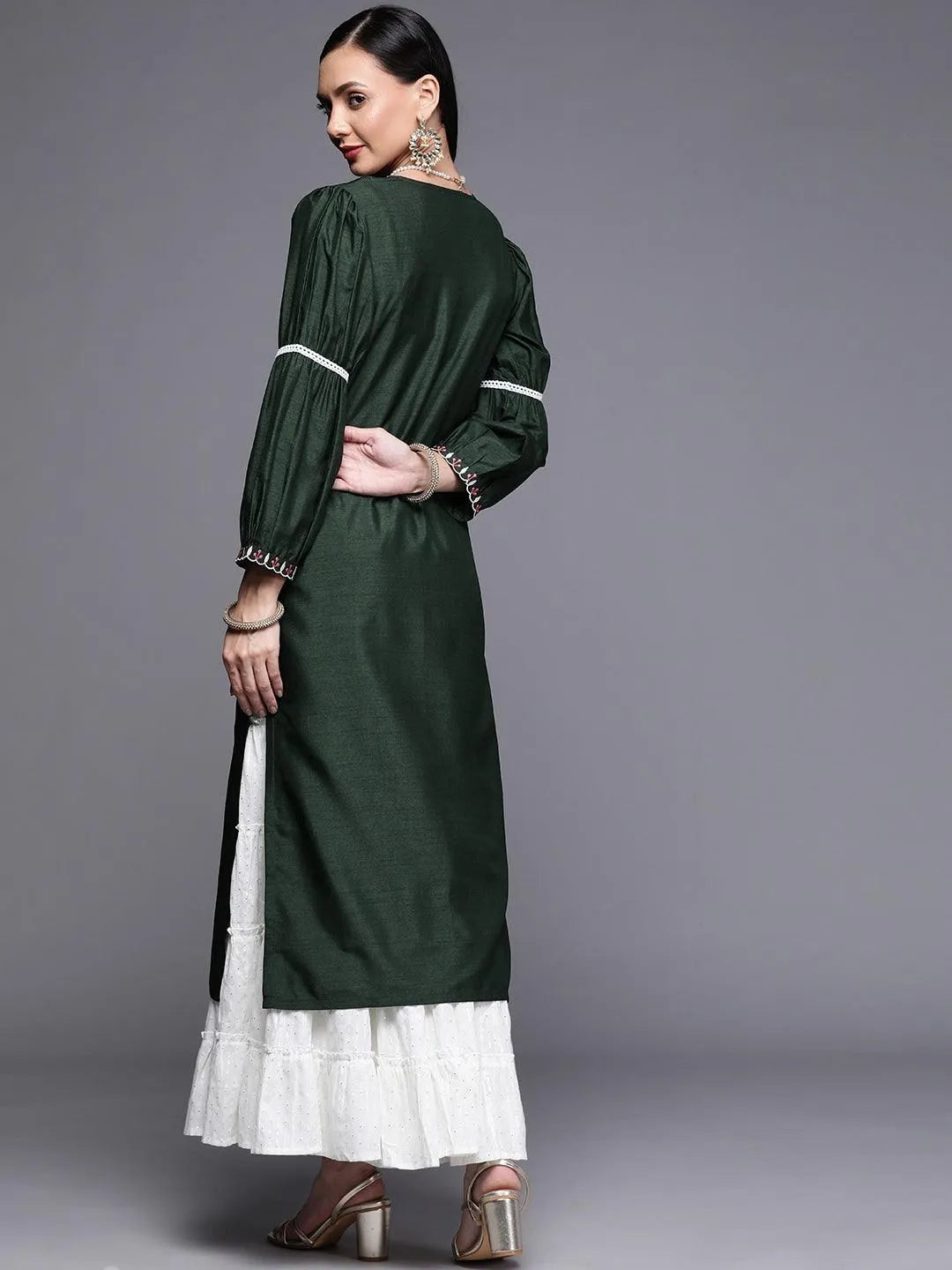 Green Embroidered Chanderi Silk Kurta - Libas