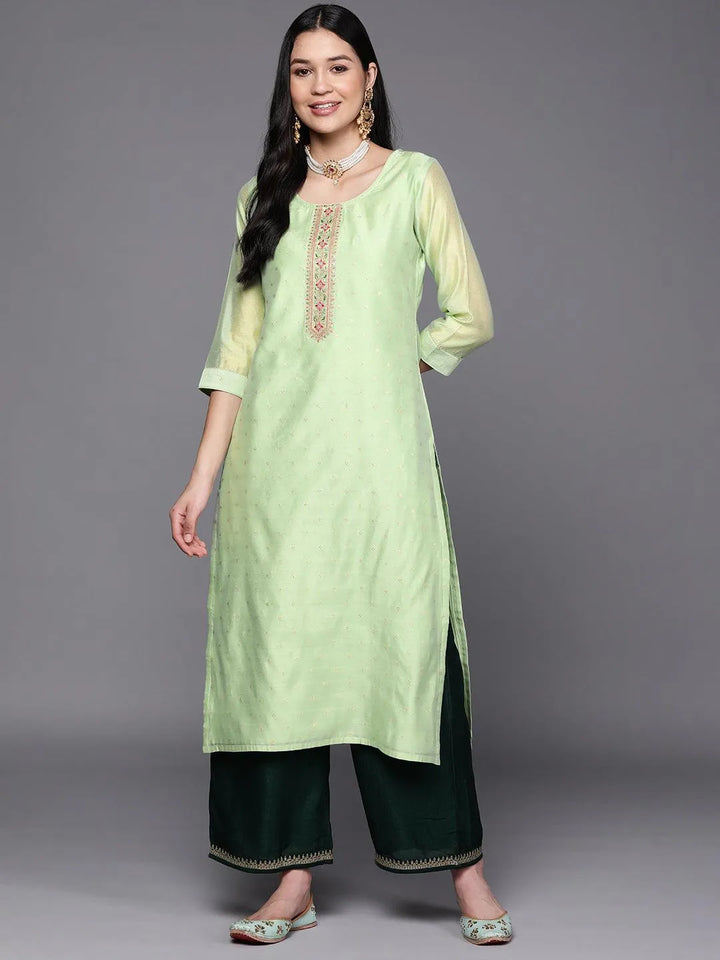 Green Embroidered Chanderi Silk Straight Kurta - Libas