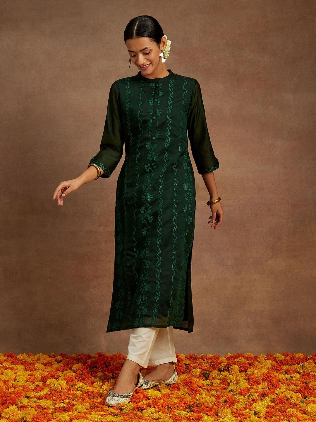 Green Embroidered Chanderi Silk Straight Kurta - Libas 