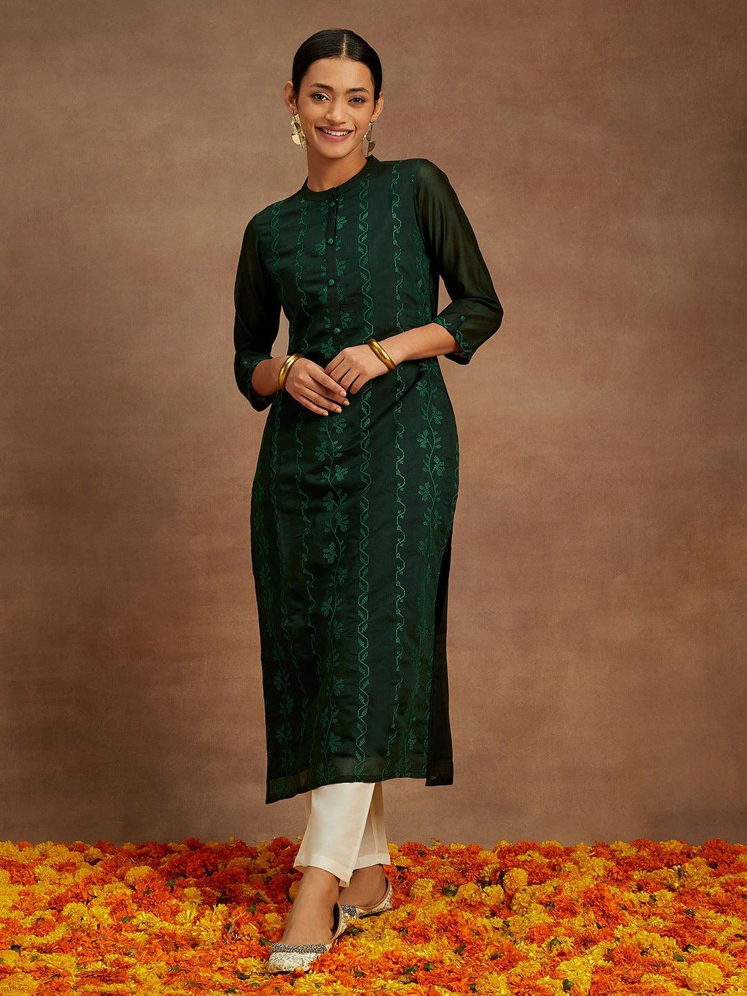 Green Embroidered Chanderi Silk Straight Kurta - Libas 