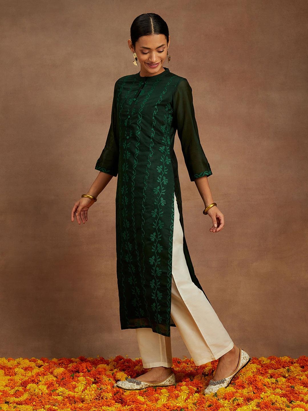 Green Embroidered Chanderi Silk Straight Kurta - Libas 