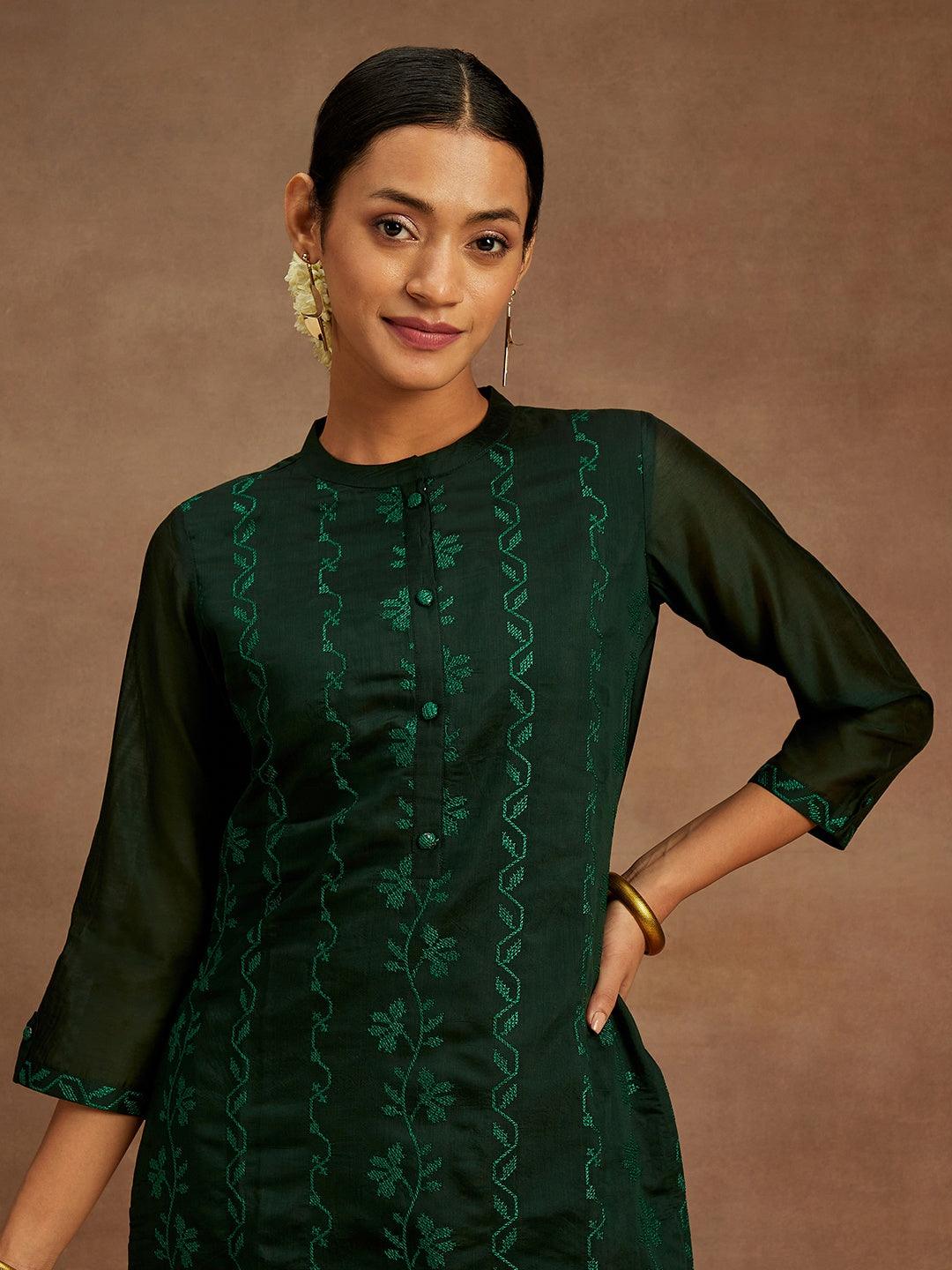 Green Embroidered Chanderi Silk Straight Kurta - Libas 