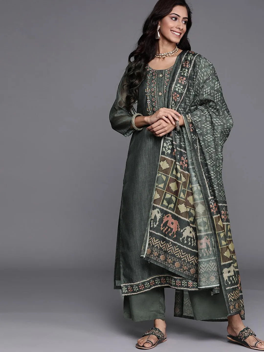 Green Embroidered Chanderi Silk Suit Set - Libas