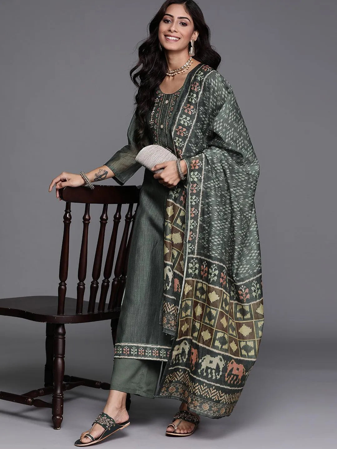 Green Embroidered Chanderi Silk Suit Set - Libas