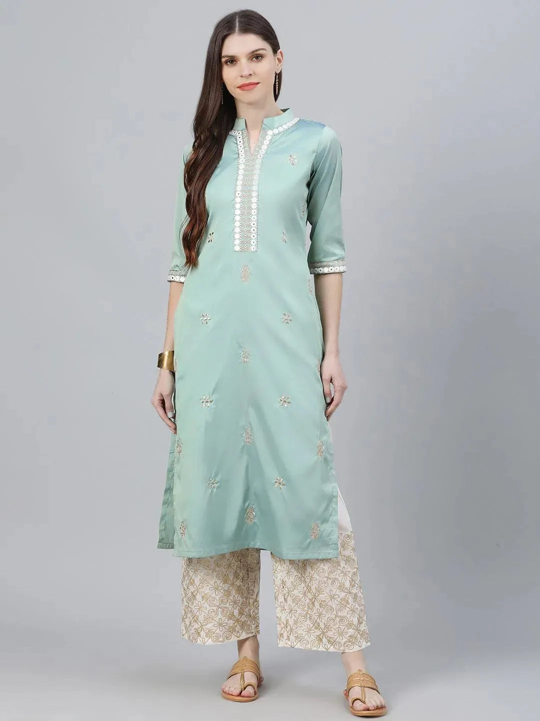 Green Embroidered Chanderi Kurta Set - Libas