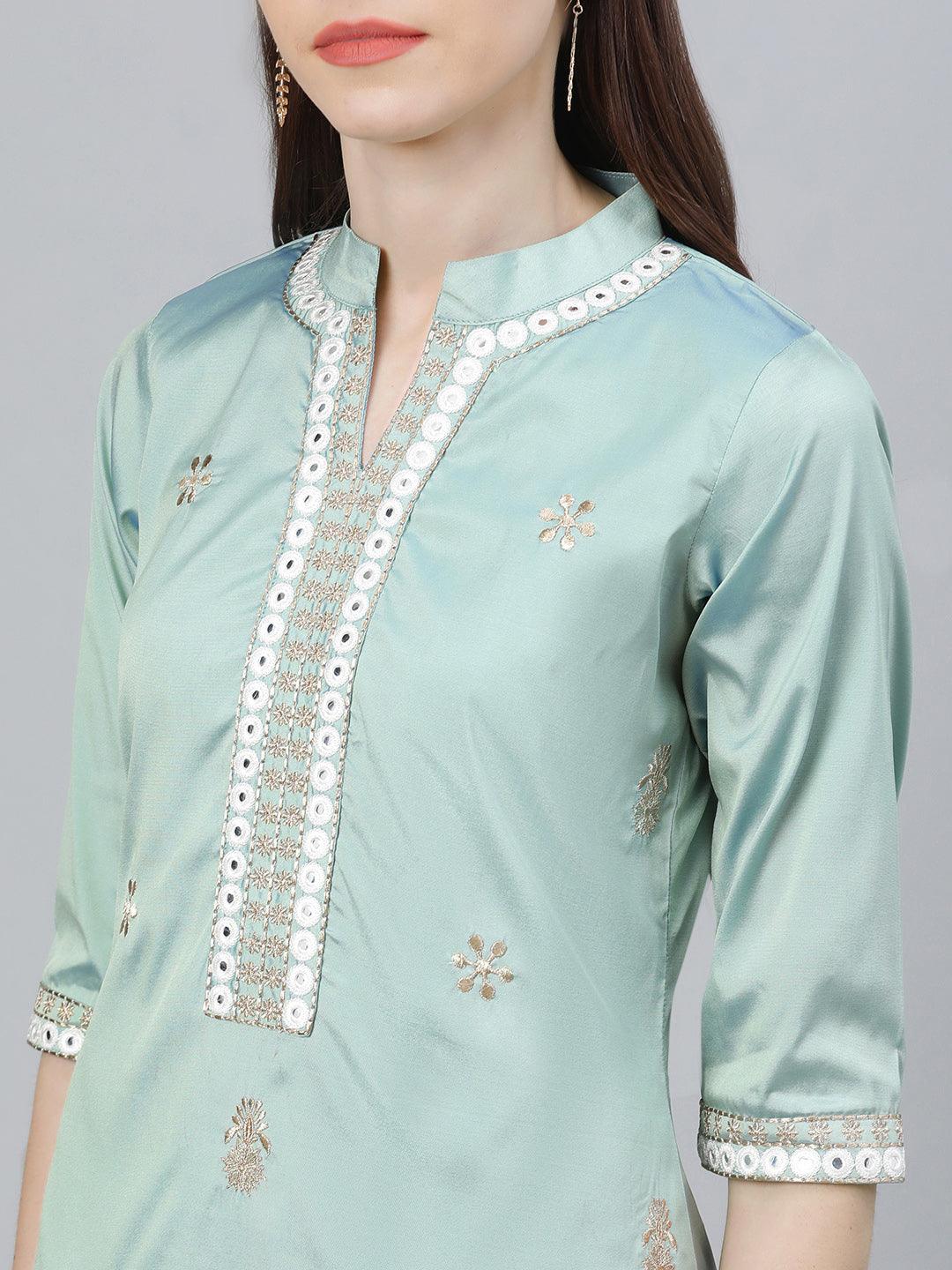 Green Embroidered Chanderi Silk Straight Kurta With Palazzos