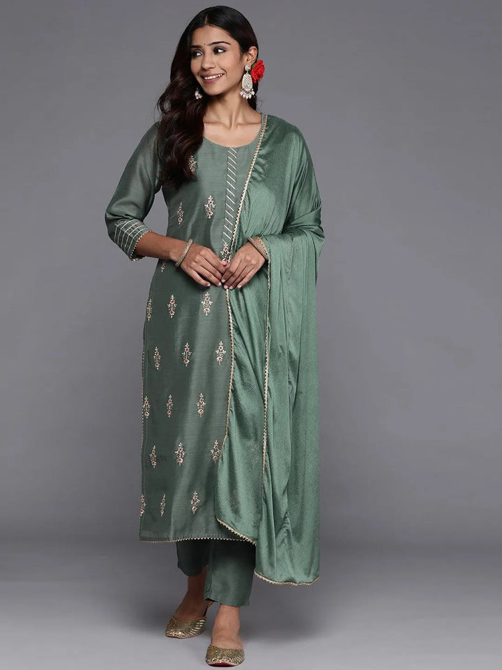 Green Embroidered Chanderi Silk Straight Kurta With Trousers & Dupatta - Libas