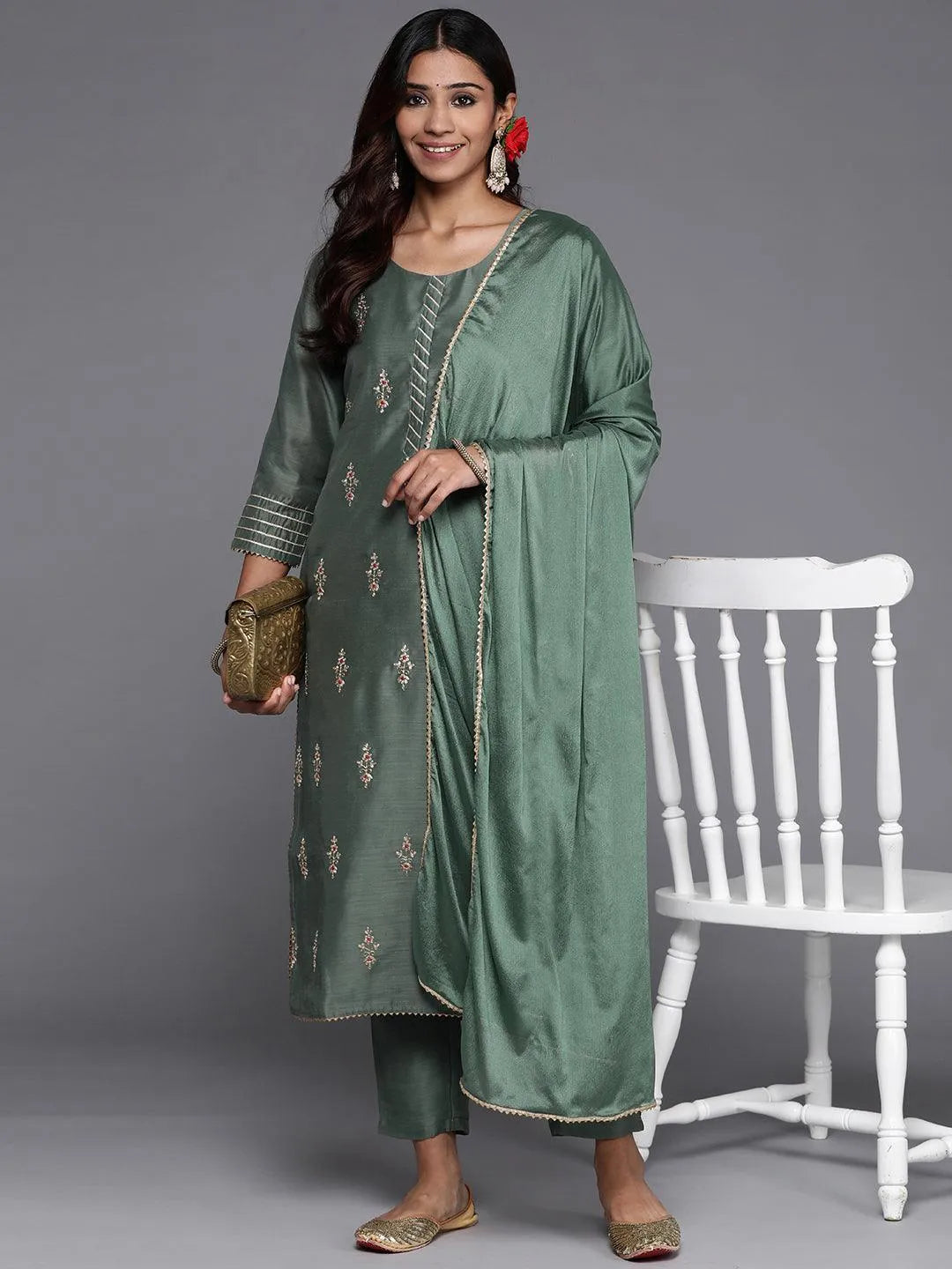 Green Embroidered Chanderi Silk Straight Kurta With Trousers & Dupatta - Libas