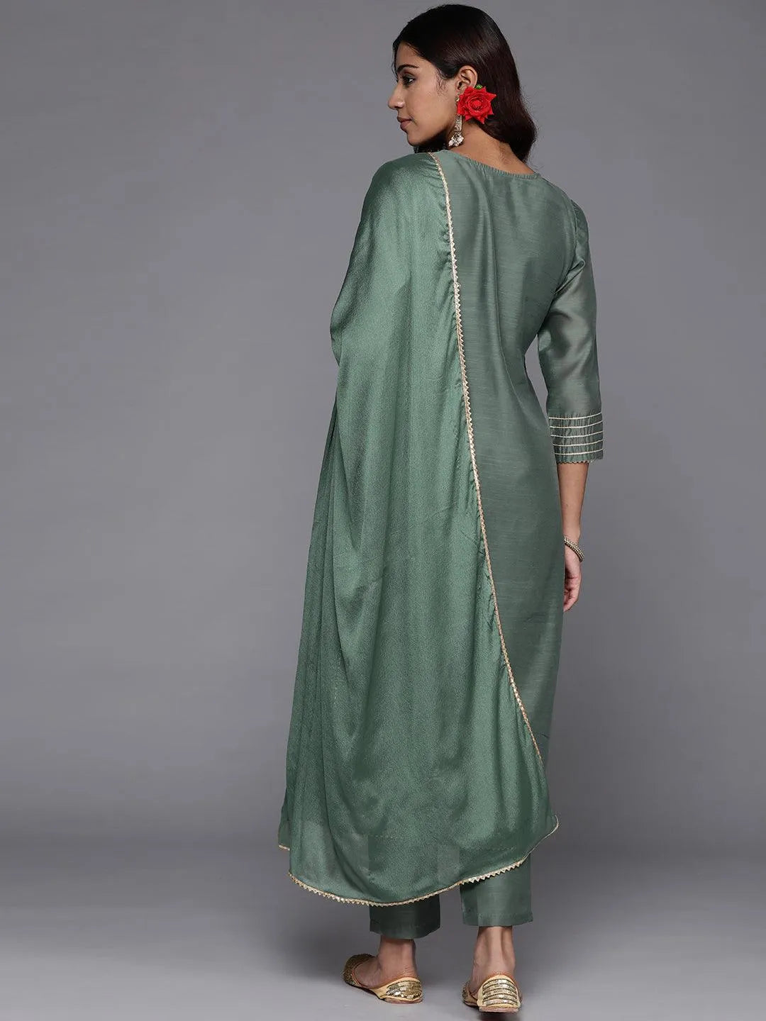 Green Embroidered Chanderi Silk Straight Kurta With Trousers & Dupatta - Libas