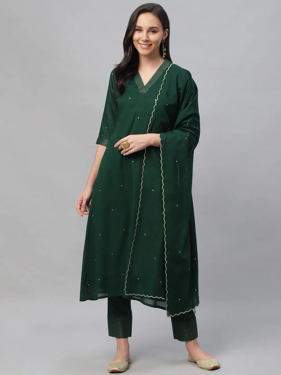 Green Embroidered Cotton Suit Set - Libas