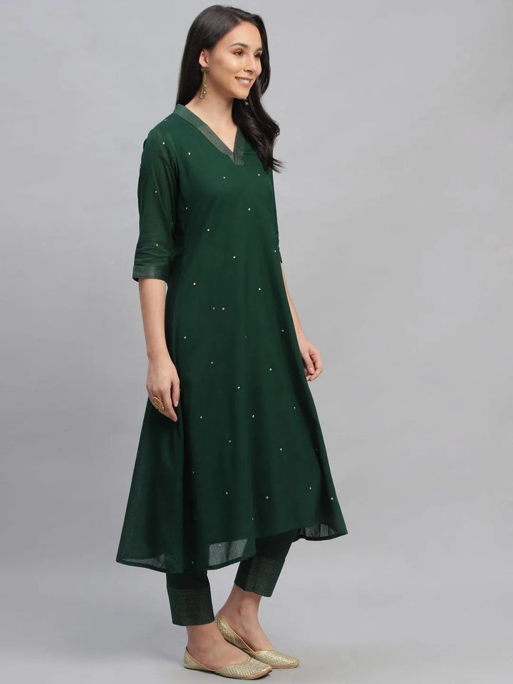 Green Embroidered Cotton Suit Set - Libas