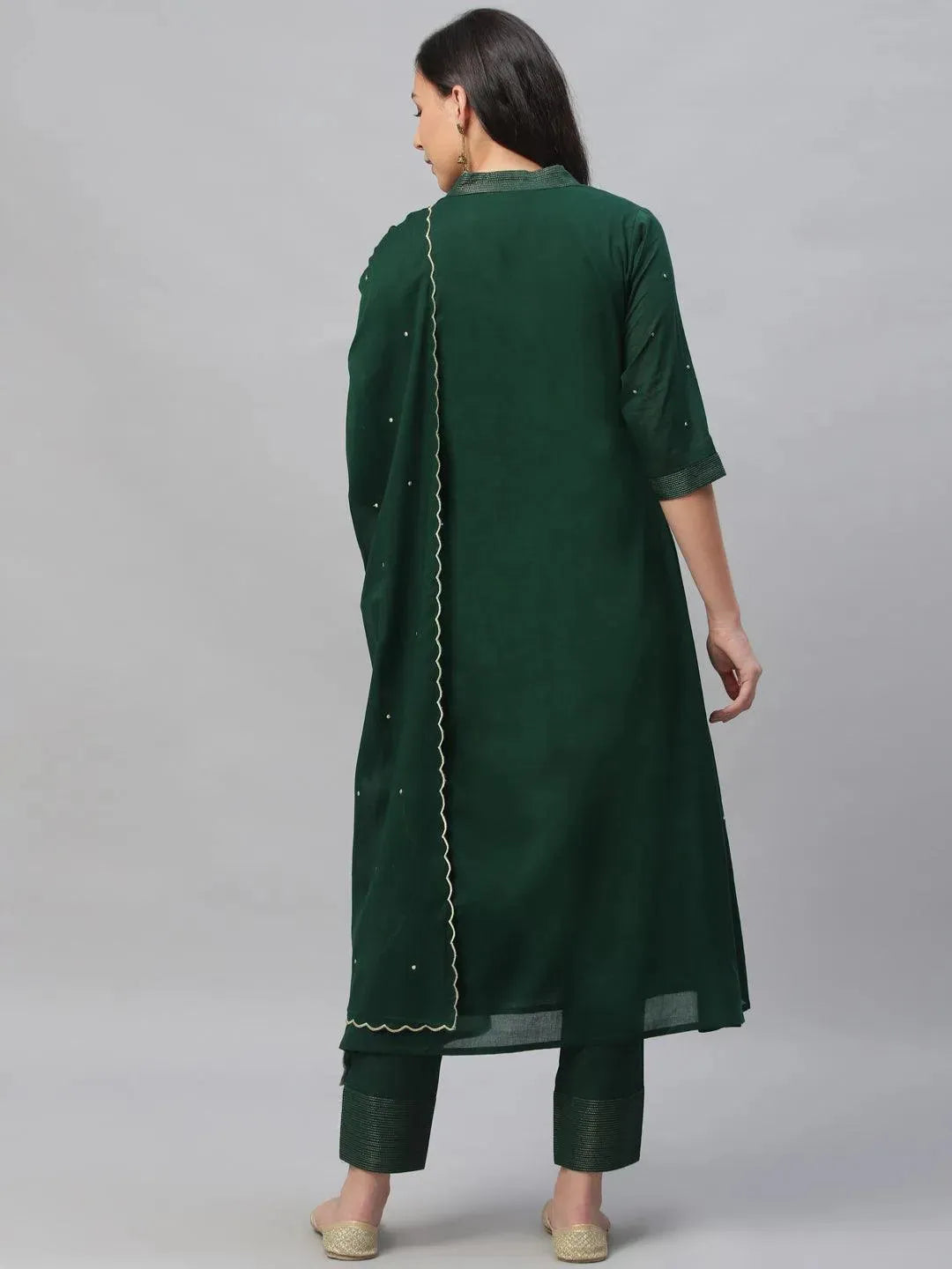 

Green Embroidered Cotton A-Line Kurta With Dupatta